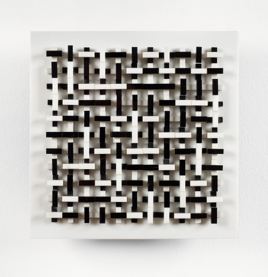 Peter Lowe, Permutations of Rows, 1968, black and white perspex on wood, 25 x 25 cm